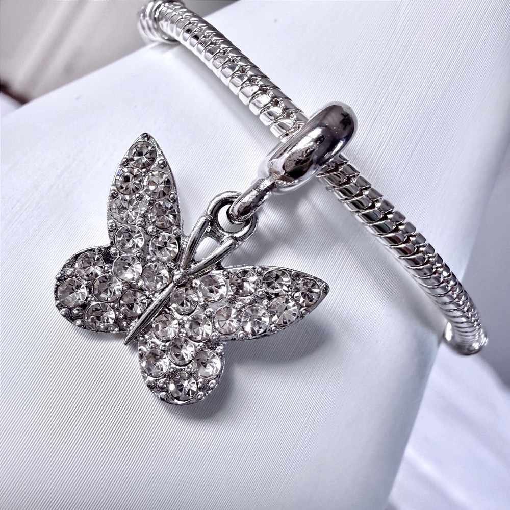 Silver Butterfly Bead Charm Fits Snake Chain Bracelet‎ Crystal Rhinestone Dangle